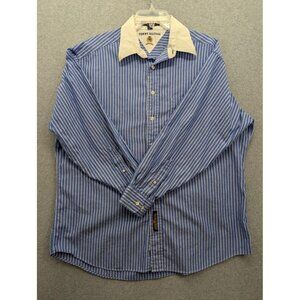 Tommy Hilfiger Shirt Mens 16 Large Blue White Stripe Contrast Collar Crest Logo